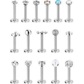 Chuangdi 16 Pieces 16 G Labret Nose Studs Piercing Lips Stainless Steel Tragus Nose Assorted Design Piercing Jewelry for Women (Silver)