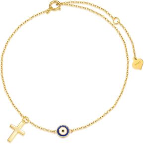 Silwan 14K Gold Cross and Evil Eye Eye Anchlet for Women ، Gold Gold Dender Cross Cross Aldable Alev Foot Evil Eere Eye Canle Gifts Fine Jewelry for زوجتها أمي ، 8+1+1 بوصة