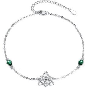 Celtic Knot Anklet 925 Sterling Silver Emerald Crystal Link Chain Bracelet Green Green Irish Anklet Jewelry Gift for Women