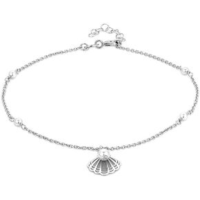 Sterling Silver Jewelry - Rhodium Plated 925 Stamp - Sea Shell Anklet with Artificial Pearl - Stylish Beautifully Designed for Women - 9" Long + 1" Extender