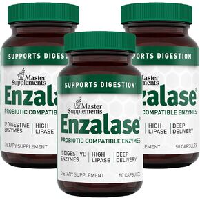 Master Supplements Enzalase - 50 Capsules - Probiotic Compatible Enzymes - Provides Digestive Boost + Gas & Bloating Relief - Gluten Free - 50 Servings