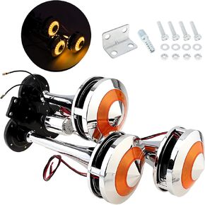 Air Horn for Truck Car, 12V / 24V Triple Trumpet 300DB Super Loud Chrome Plated Air Horn Kit for Any Vehicles Trucks Motorcycle Pickup Trains Cars Boats with LED Light