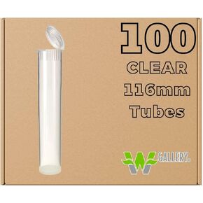 W Gallery 100 Clear 116mm OPEN CAP Pop Top Tubes - Airtight Smell Proof Containers - Plastic Medical Grade Prescription Bottles for Pills Herbs Flowers Supplements, Bulk Pack, Not Glass Jars
