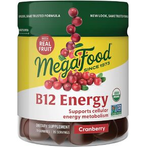Megafood Vitamin B12 الطاقة - نباتي - مع الفيتامينات ميثيل B12 لدعم إنتاج الطاقة الخلوية - التوت البري - ملحق فيتامين B12 اليومي - USDA العضوية - 70 غمومة ، 35 حصص