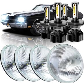 5.75 3/4" inch Glass Lens Round Head Lights,With 4 pcs H4 LED 6500K White Lights High/Low Beam,For Chevy Chevelle 1964-1970,For Ford Galaxie 500 1962-1974. (Pack of 8)