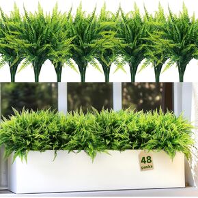 24 Bundles Artificial Plants Outdoor, Fake Boston Ferns Greenery UV-Resistant Faux Shrubs Plastic Stems for Porch Garden Patio Window Office Entrance Bathroom Planters Indoor Outside Decor