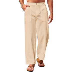 Runcati Mens Casual Cotton Pants Loose Fit Lightweight Elastic Waist Pants Baggy Wide Leg Summer Beach Yoga Linen Trousers