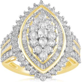 jewellili 10k حلقة الكتلة الذهب الأصفر للنساء | 2 CTTW جولة بيضاء طبيعية و BATFOETTE الماس | المجوهرات الفاخرة مع صندوق الهدايا | هدية مجوهرات الأزياء الخالدة لها