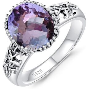 Amethyst Ring for Women, 925 Sterling Silver Oval Cut Native American Natural Amethyst Genuine Gemstone Jewelry Present for Women, Mom, Wife, Girlfriend