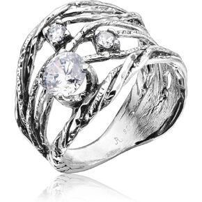 Jean Rachel Jewelry 925 Sterling Silver Ring - Openwork Vintage Design with Prong Cubic Zirconia - Hypoallergenic ، Lead & Nickel Free Jewelry - Artisan Thanksted Rings for Women