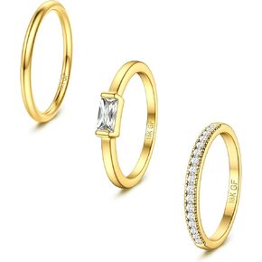 Gold Stackable Birthstone Rings for Women - 18K Gold Filled Non Tarnish Dainty Gold Stacking Rings Set - Cubic Zirconia Thumb Knuckle Ring Wedding Engagement Ring for her Gifts Size 6 7 8 9 10 3pcs