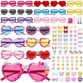 72 Pcs Kitty Cat Party Favors,DIY Heart Shaped Sunglasses for Women Girl,Friendship Sunglasses with Letter Beads Pearls Strawberry Ice Cream Cups Bow Ties Accessories for Cat Party Favors