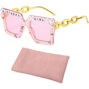 Oversized Square Happy Birthday Sunglasses, Pink Birthday Glasses, Party Sunglasses for Birth day Party Gifts Accessories, with 1 Pink Glasses Bag