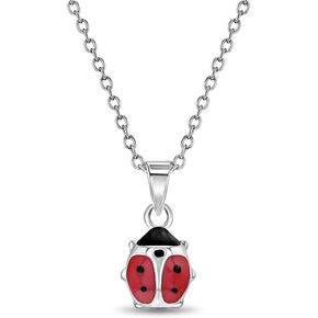 925 Sterling Silver 18" Red & Black Enamel Ladybug Pendant Necklace for Children & Preteens - Fun & Fashionable Animal Theme Link Chain Necklaces - Beautiful Lady Bugs Charm Jewelry for Young Girls