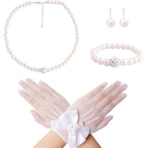 Fumwase 4 Pcs Pearl Necklace Sets for Girls Pearl Necklace Bracelet Earrings Jewelry Sets and Bow Mesh Lace Gloves Girls for Tea Party Sets Wedding Pageant Halloween Cosplay