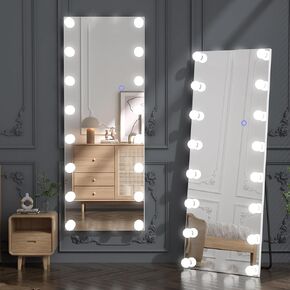 GAOMON Full Length Mirror with Lights, Light Bulb Floor Mirror, Standing Lighted Mirror, Full Body Mirror with Aluminum Frame and 3 Color LED, Black, 63"X 20"