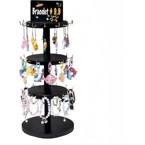 Bracelet Holder, Wooden 3 Tier Rotating Jewelry Display Stand, Tree Stand Vendor Stand Display with Advertising Board, 39 Hooks for Bracelet, Key Chain Display Stand for Store Selling-Black