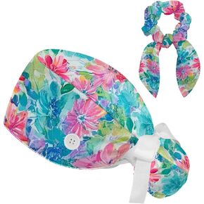 Scrub Caps Women, Adjustable Surgical Caps with Ponytail Pouch, Working Cap with Hair Scrunchy, Floral Tropical Summer Modern