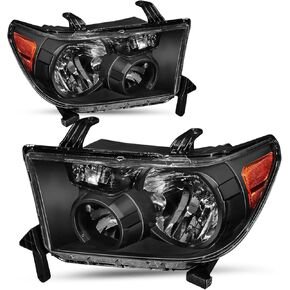 For 2007 2008 2009 2010 2011 2012 2013 Toyota Tundra Headlight Assembly For 2008-2017 Toyota Sequoia Head Lights Headlamp Replacement Driver and Passenger Pair, Black