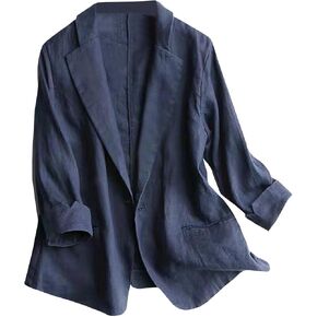 SOMTHRON Women's Casual Linen Blazer 3/4 Sleeve One Button Lapel Lightweight Work Office Dressy Suit Jacket