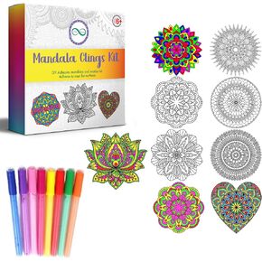 Stained Glass Kit for Kids and Adults - DIY Animal & Word Design Mandala Window Art Clings with Markers, 10 Unique Designs - Mandala Art Kit with Advanced Adhesive, Great for Any Flat Surfaces