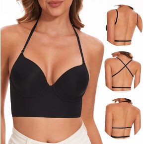 Low Back Bra for Women-Seamless Invisiable Backless Bras-Lightly Lined No Show Open Back Low Cut Bra Multiway Halter Bras