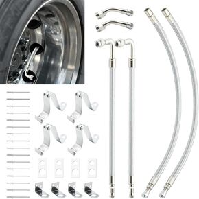 Dually Valve Stem Extenders Kit, Stainless Steel Braided Tire Valve Extension with 2 Straight & 2 Angled Hoses, Fits 16" to 19-1/2" Dual Wheels Tire Valve Extension for Cars,RVs,Trucks
