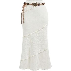 Milumia Women's Y2K Summer Boho Bodycon Long Skirts Crochet Knitted Lettuce Trim Midi Skirt with Belt