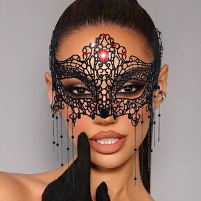 Lace Masquerade Mask for Women Rhinestone Tassel Spider Eye Masks Beaded Halloween Costume Party Lace Ball Mask