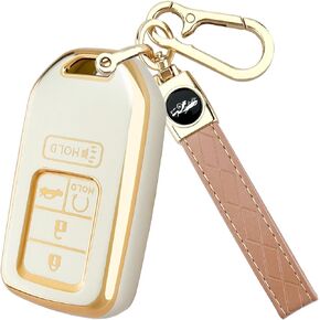 للحصول على غطاء FOB Honda Key مع سلسلة المفاتيح ، فإن TPU Soft Full Protection Car Key Case متوافق مع Honda 2015-2022 Accord Civic CRV Ridgeline Passport Odyssey 5 Button Button FOB Accessories ، Gold