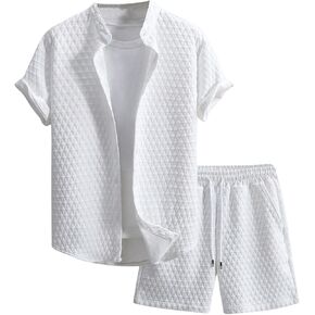 Men's 2 Piece Outfits Short Sleeve Button Down Shirts and Drawstring Shorts Matching Set