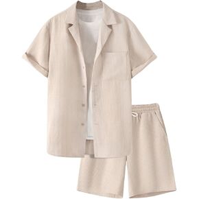 Men's 2 Piece Vacation Outfits Short Sleeve Button Up Cuban Shirts and Drawstring Waist Beach Shorts