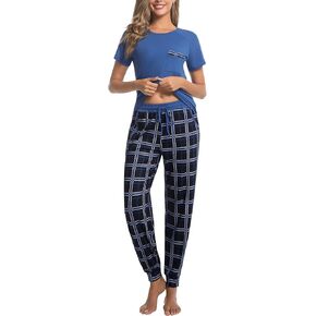 difficort Womens Pajama Sets Short Sleeve Pjs with Long Plaid Pants Sleepwear Lounge Set with Pocket