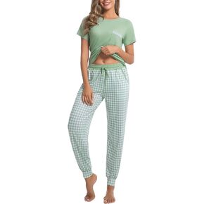difficort Womens Pajama Sets Short Sleeve Pjs with Long Plaid Pants Sleepwear Lounge Set with Pocket in Kuwait