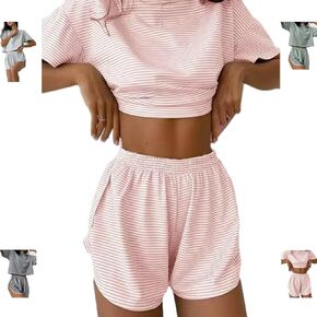 Split Short Pajama Set, Womens Striped Pajamas Set,Two Piece Set Striped Print Drop Shoulder Tee Wrap Split Shorts