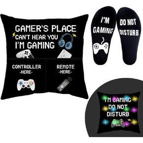 GOAUS Gamer Gifts Funny Socks, Light Up Gaming Pillow Cover 18x18 inch Dual Pockets, Fathers Gifts for Men Dad Teens Teenage Boys Son Boyfriend