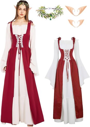 Verceco Women Renaissance Dress Medieval Costume Dress for Women with Flower Crown Elf Ears Fairy Costume for Women Girls in Kuwait