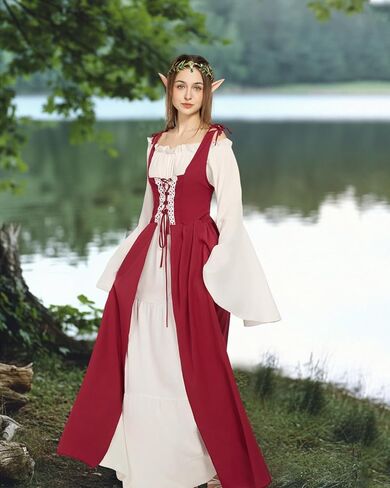 Verceco Women Renaissance Dress Medieval Costume Dress for Women with Flower Crown Elf Ears Fairy Costume for Women Girls in Kuwait
