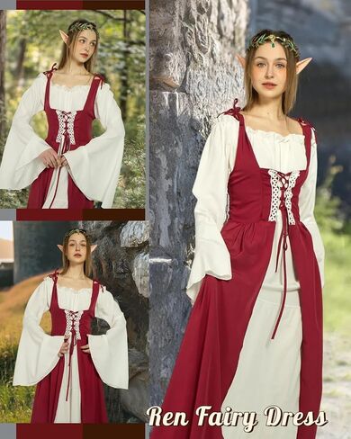Verceco Women Renaissance Dress Medieval Costume Dress for Women with Flower Crown Elf Ears Fairy Costume for Women Girls in Kuwait