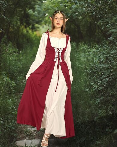 Verceco Women Renaissance Dress Medieval Costume Dress for Women with Flower Crown Elf Ears Fairy Costume for Women Girls in Kuwait