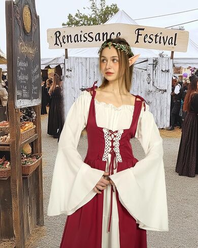 Verceco Women Renaissance Dress Medieval Costume Dress for Women with Flower Crown Elf Ears Fairy Costume for Women Girls in Kuwait