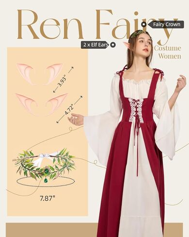 Verceco Women Renaissance Dress Medieval Costume Dress for Women with Flower Crown Elf Ears Fairy Costume for Women Girls in Kuwait