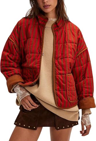 InterNos Womens Quilted Jacket Lightweight Winter Striped Stand Collar Padded Puffer Cardigan Coat with Pockets in Saudi Arabia