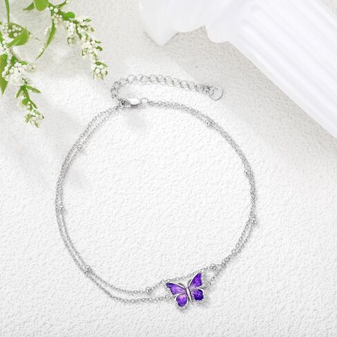 Diamond Butterfly Anklet for Women 925 Sterling Silver Colorful Butterfly Layered Anklets with Lab Grown Diamonds Jewelry Gifts for Mom Wife Girlfriend Daughter Sister Friend in Kuwait