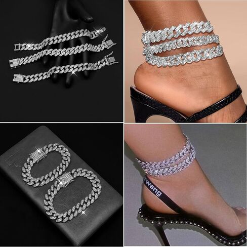 3PCS Gold Silver Ankle Bracelets for Women Clustered Tennis Anklets Bracelet Layered Link Anklet Set Bling Rhinestone Fashion Jewelry for Women Set in Kuwait