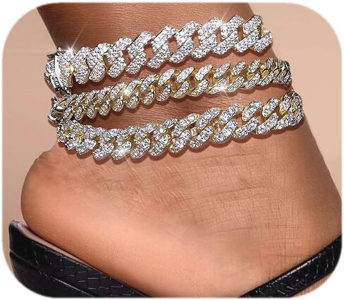 3PCS Gold Silver Ankle Bracelets for Women Clustered Tennis Anklets Bracelet Layered Link Anklet Set Bling Rhinestone Fashion Jewelry for Women Set in Kuwait