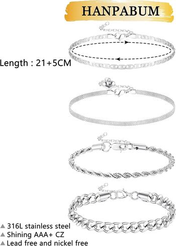 HANPABUM 3-4 PCS Stainless Steel Chain Anklet for Women Dainty Boho Tennis Ankle Bracelets Set Layered Link Paperclip Chain Anklet Adjustable Summer Beach Foot Jewelry in Saudi Arabia