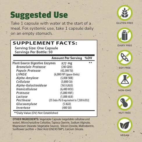 المكملات الرئيسية ENZALASE - 50 كبسولة - إنزيمات متوافقة مع البروبوتيك - توفر دفعة هضمية + غاز وإغاثة الانتفاخ - خالية من الغلوتين - 50 حصصًا in Kuwait