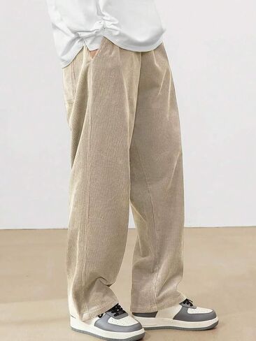 ZAFUL Mens Corduroy Straight Leg Pants Long Solid Elastic Waist Casual Pants Loose Fit Going Out Pants with Pockets in Saudi Arabia