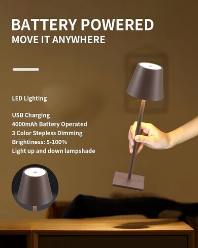 KDG 2 Pack Cordless Black Table Lamps, Rechargeable Portable LED Desk Lamps | 5000mAh Battery Operated 3 Color Stepless Dimming Up for Restaurant, Bedroom, Outdoor Party, Camping, Coffee Shop, Nightlight in Kuwait